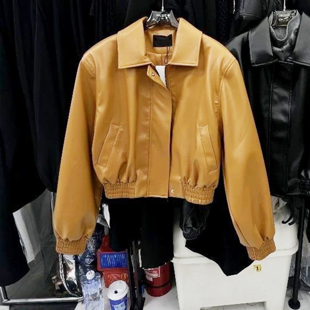 Veste en cuir blanc orange pour femme, style étranger, à la mode, version coréenne, taille ample et fine, automne