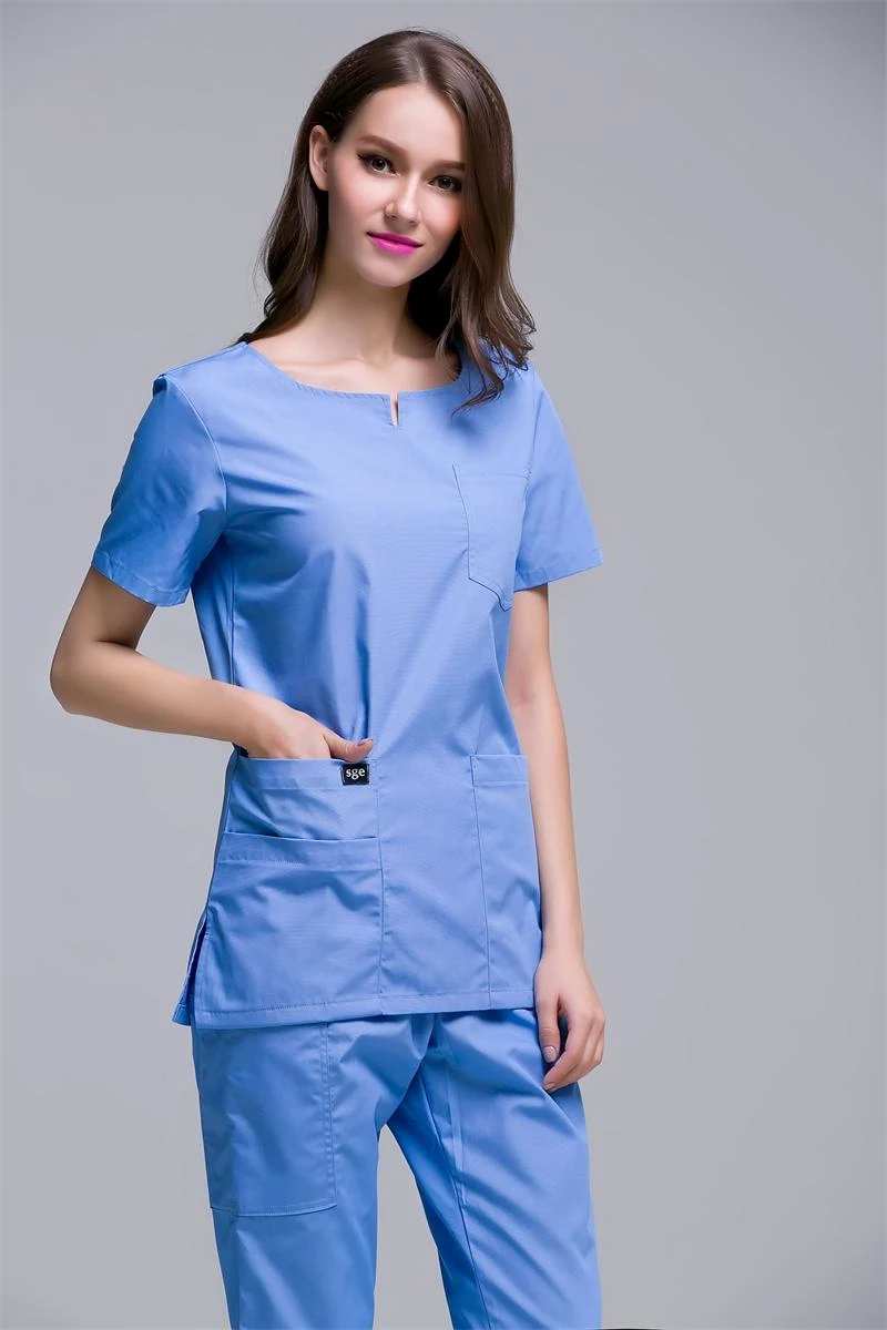 Summer Fashion Round Neck Short Sleeve Dental Clinic Uniforms Nurse Medical Scrub Clothes For Women Blue Color Workwear