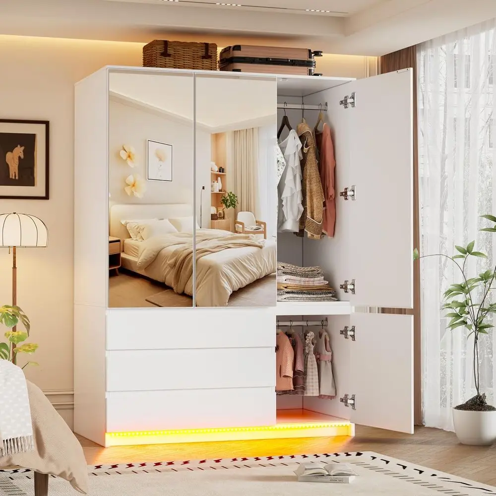 

3-Door Wooden Wardrobe Closet with Mirror, Lighting, Hanging Rod & Shelves for Bedroom Storage