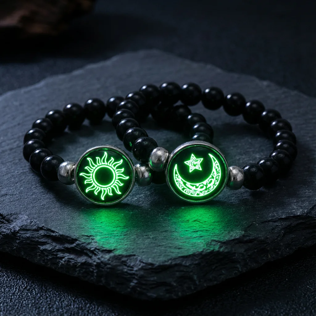 Klassische leuchtende Sonne-Mond-Paar-Armbänder für Frauen, handgefertigte schwarze Perlen, passende Armbänder, Charm-Freundschaftsschmuck, Geschenke – Detail 3