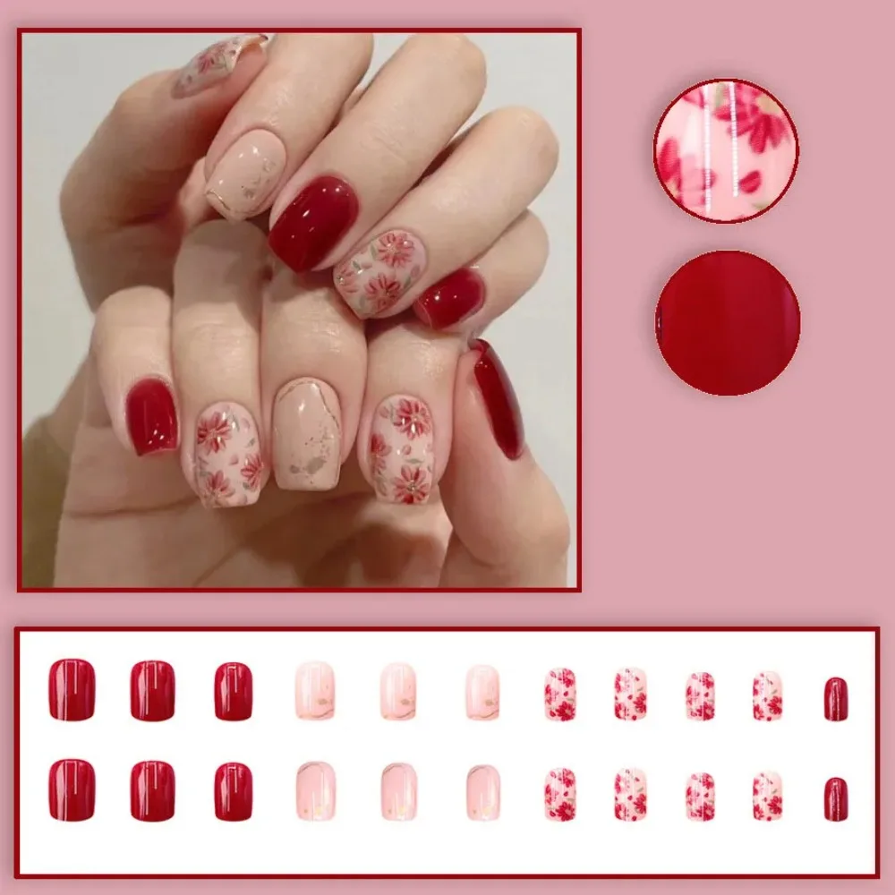 24Pcs Pink French Fake Nail Short Square False Nails with Glitter Flowers Design Press on Nails Wearable Full Cover Nail Tips view 3