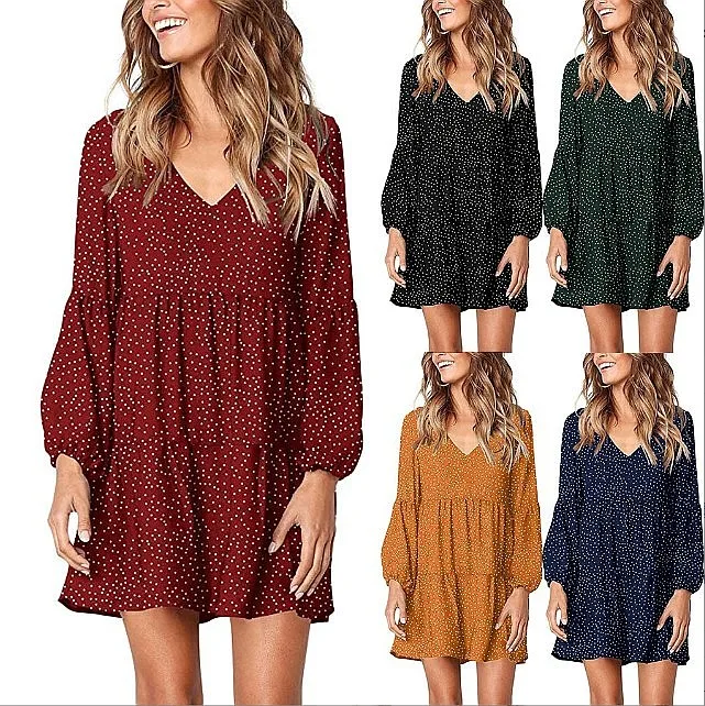 Fashion V Neck Long Sleeve Polka Dot Ruffle Loose Casual Dress Dresses for Women Spring Summer