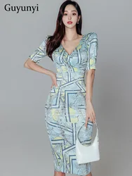 Guaina Office Lady Dress Summer Fashion stampato scollo a v maniche a sbuffo linea a vita alta aderente elegante abito da festa donna