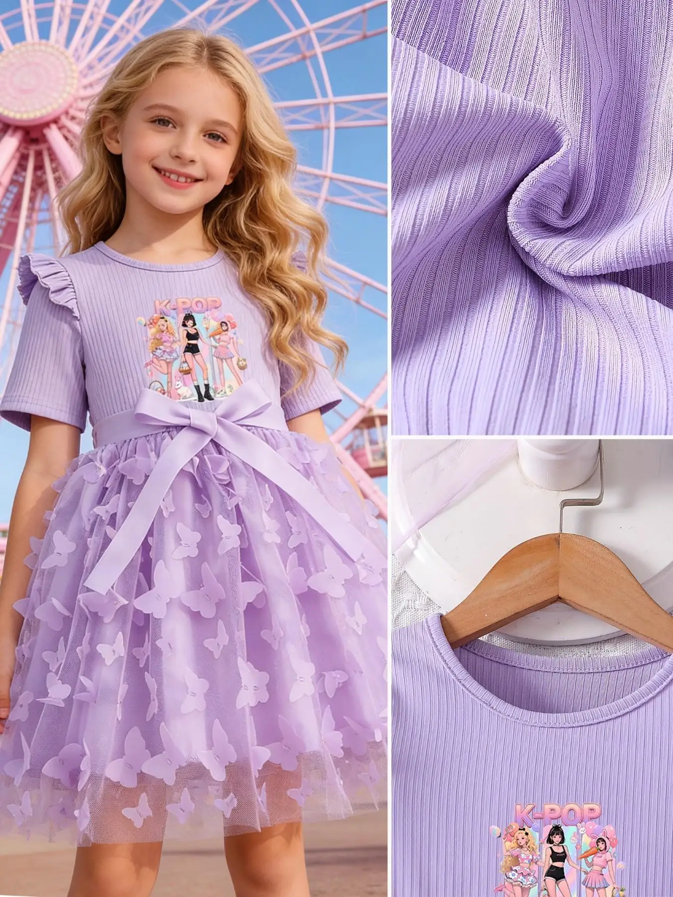 Girls Purple Tulle Dress, K-POP Cartoon Print Ribbed Flutter Sleeve Big Bow 3D Butterfly Tutu Dress