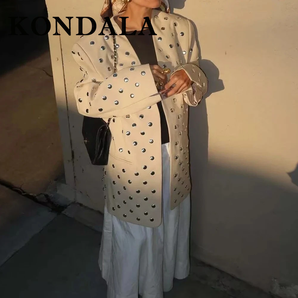 KONDALA Chic Beige Rivet Woman Office Lady Blazer Streetwear Vintage Jacket Fashion 2025 Fall Elegant High Street Mujer Outwear
