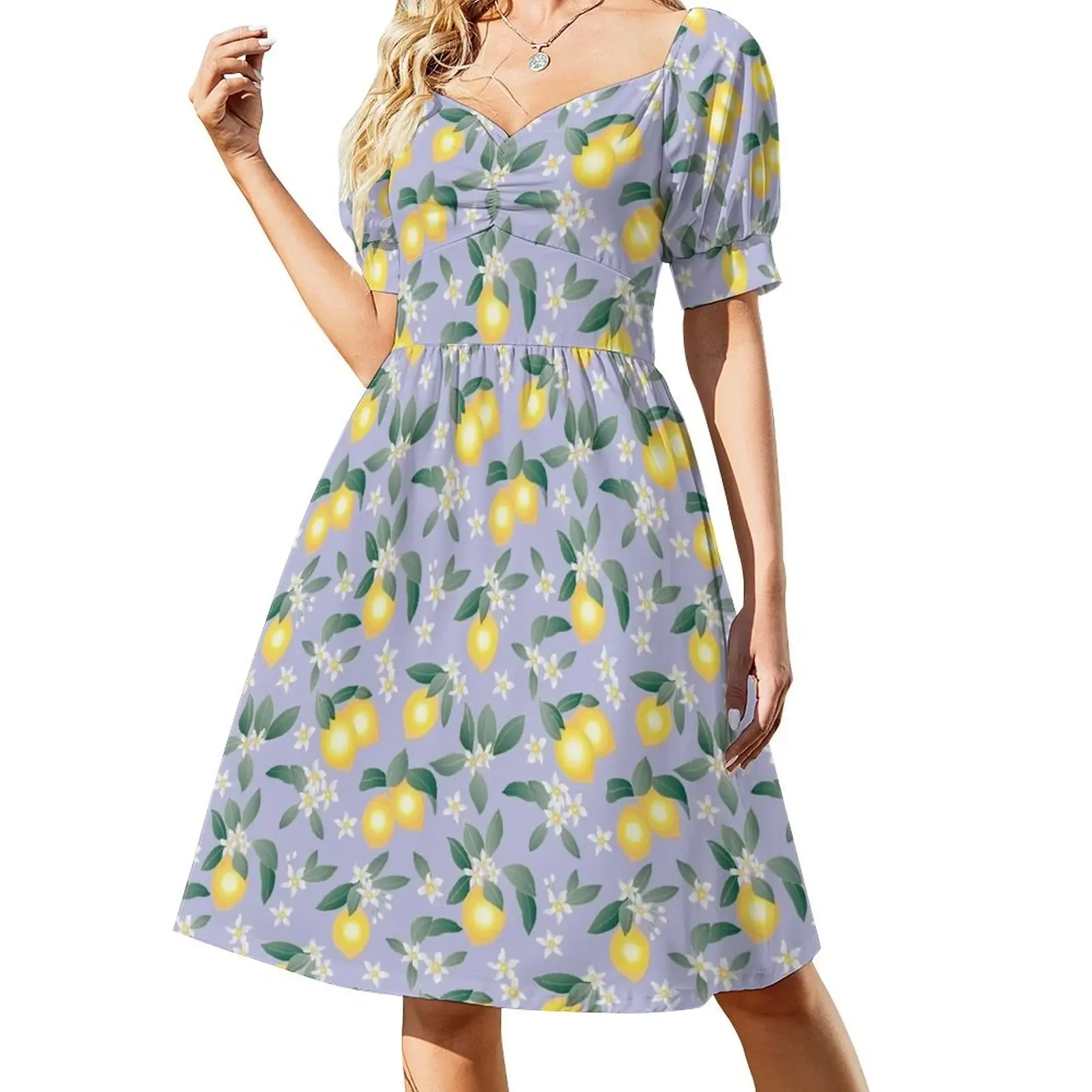 Lemons on Lilac Short-Sleeved Dress dress for woman elegant women's dresses sale