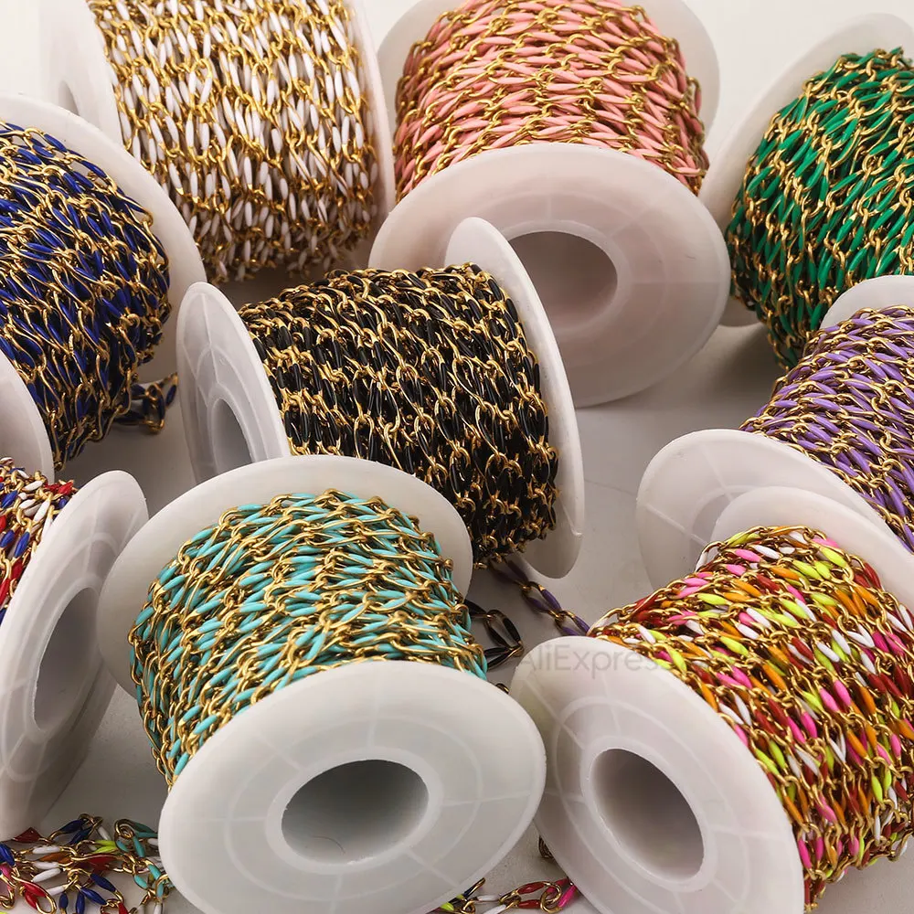 1 Meter Colorful Enamel Chain Stainless Steel Cable Rolo Link Body Gold Chain Belt for Jewelry Making DIY Necklace Bracelet Lots