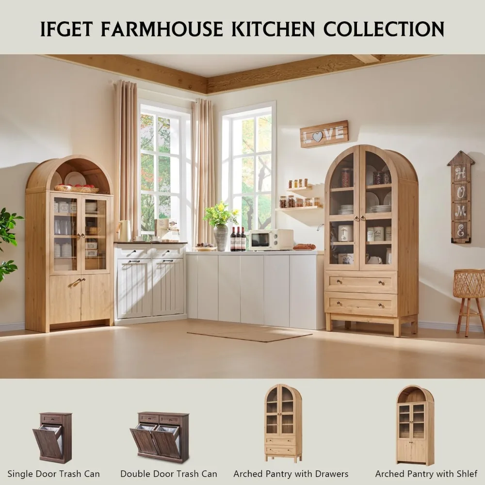 71" Tall Arched Kitchen Pantry, Modern Farmhouse Wood Kitchen Storage Cabinets with 2 Large Drawers and Adjustable Shelves, Vers image 6