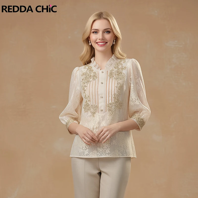 

REDDACHiC Renaissance Lace Blouse with Liner Cami Puff Sleeve Frill Trim Sequin Beaded Buttoned Shirt Top Luxury Retro Clothes
