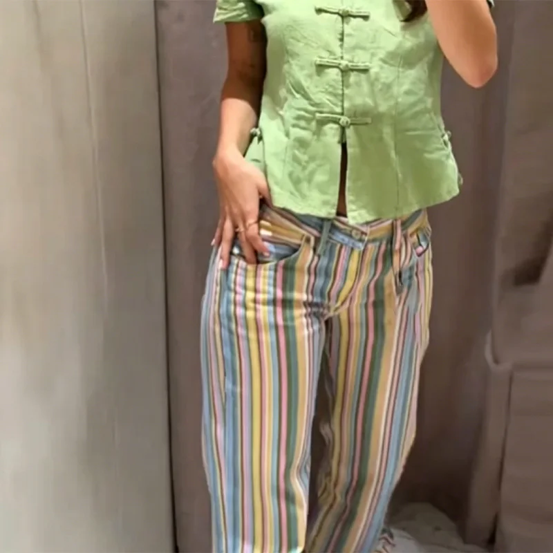 

Women's Rainbow Stripe High Waist Wide Leg Jeans Multicolor Striped Straight Leg Denim Pants Casual Y2k Retro Commuter Trousers