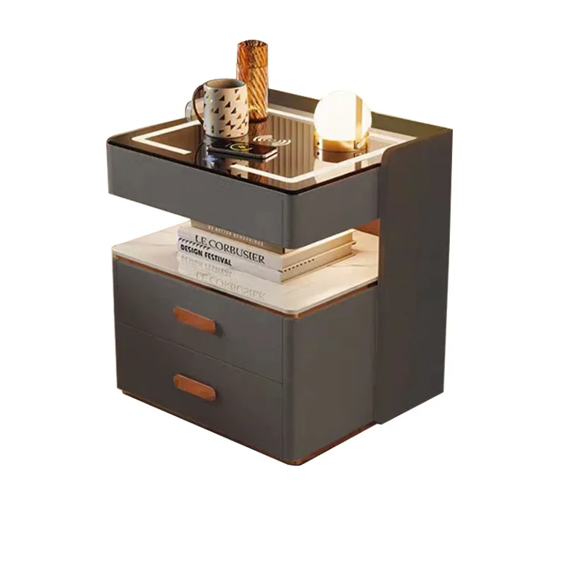 2026 Modern Luxury Wooden Wireless Charging Smart Bedside Table LED Light 3-Drawer Storage For Small Apartments Nightstands
