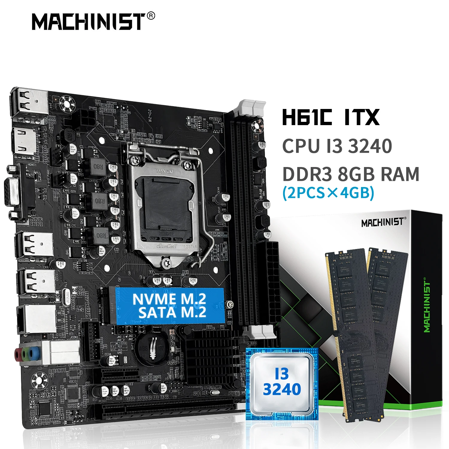 

Комбинированный комплект материнской платы MACHINIST H61, процессор Intel I3 3240 LGA 1155, процессор 8 ГБ DDR3, Память ОЗУ для настольного компьютера M.2 NVME VGA HDMI ITX H61C