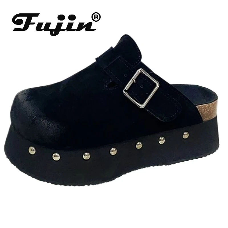 Fujin 6.5cm Cow Suede Genuine Leather Flats Women Fashion Sandals Slippers Pumps Platform Wedge Summer Round Toe Ladies Shoes