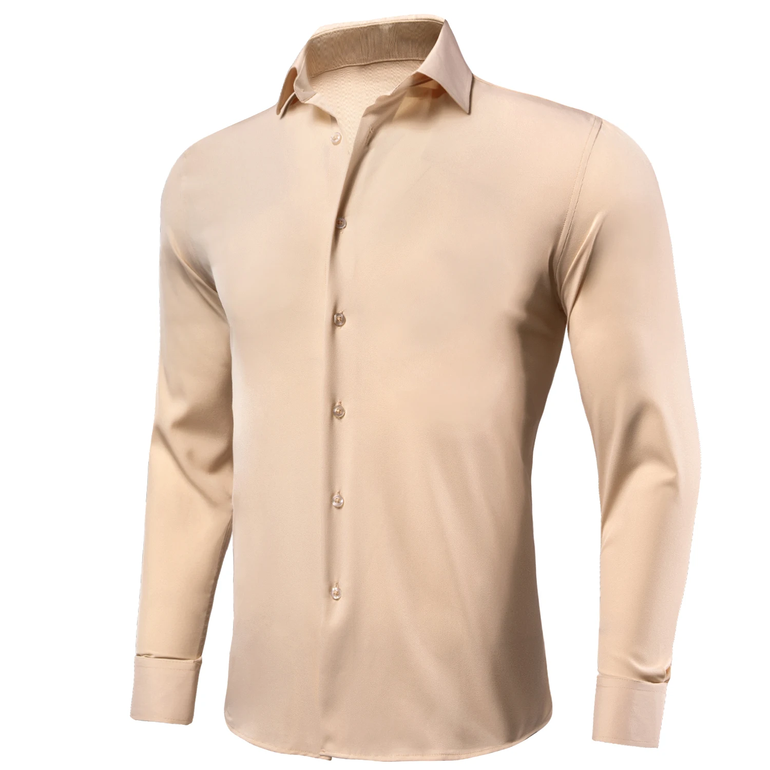 Hi-Tie Long Sleeve Mens Shirts Silk Brown Solid Lapel Green Black Red Beige Purple Pink Slim Fit Shirt Wedding Business Formal