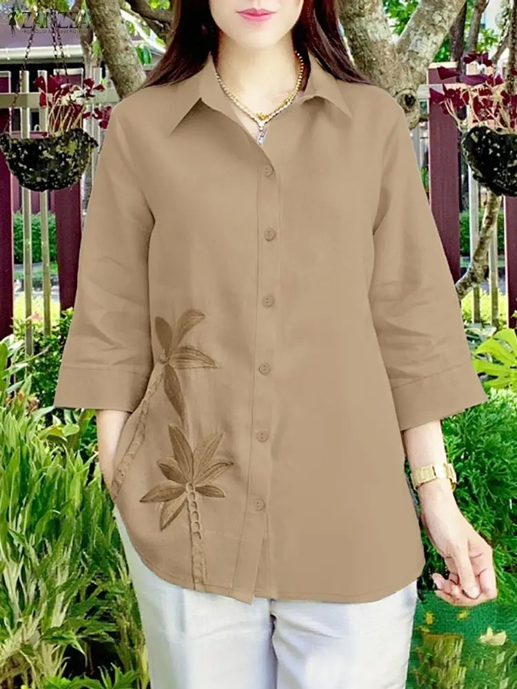 Koszule Vintage ZANZEA Jesienna Bluzka z Kwiatowym Haftem Damska Dekolt V Rękaw 3/4 Koszula Codzienna Zapinana na Guziki Bluzki Damskie Bluzki do Pracy