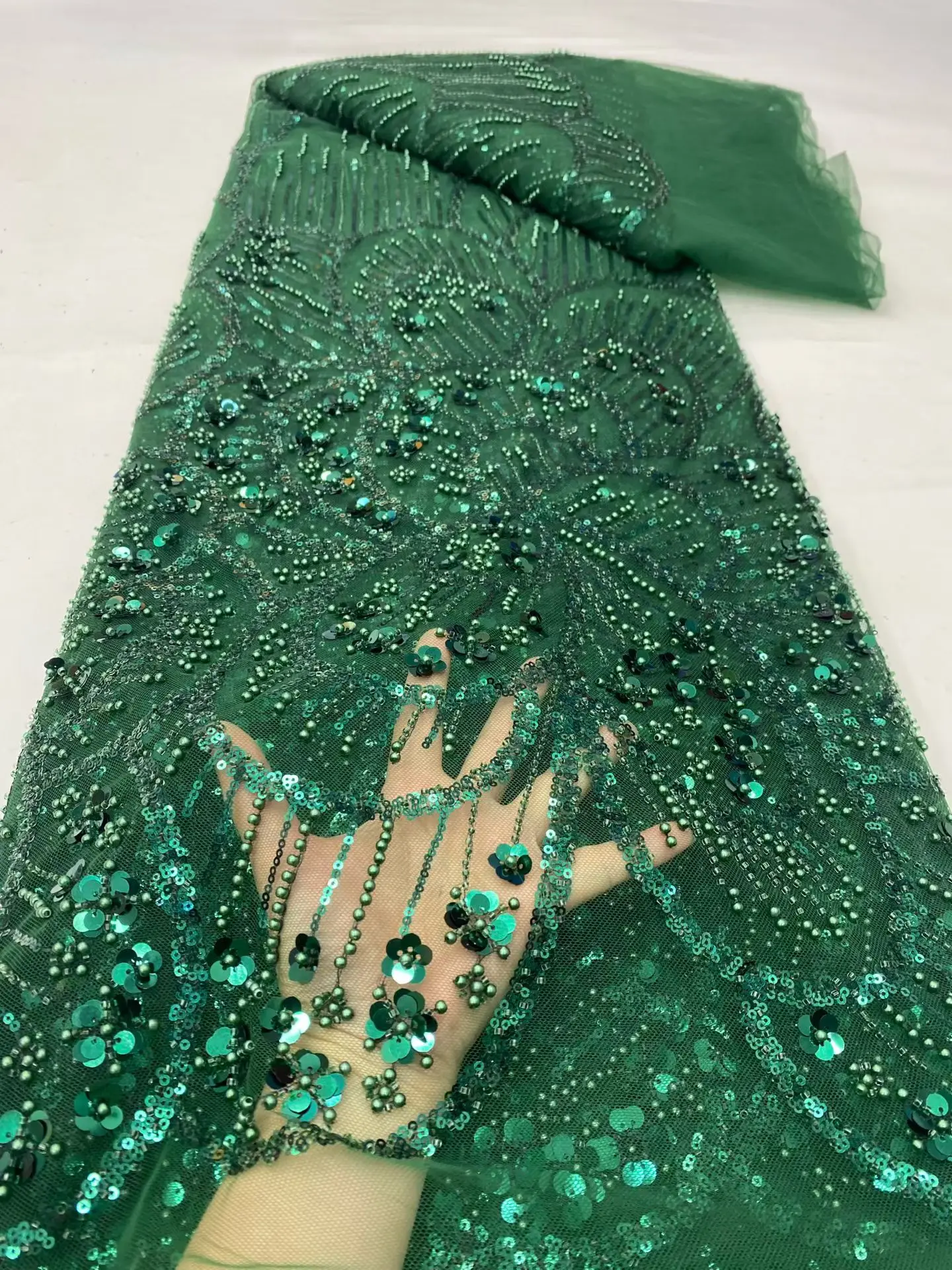 

2026 African Nigerian High-Quality Tulle Lace Fabric Sequins for Prom Dresses Beads Embroidery Net Cloth Sewing 5Yard DP0496