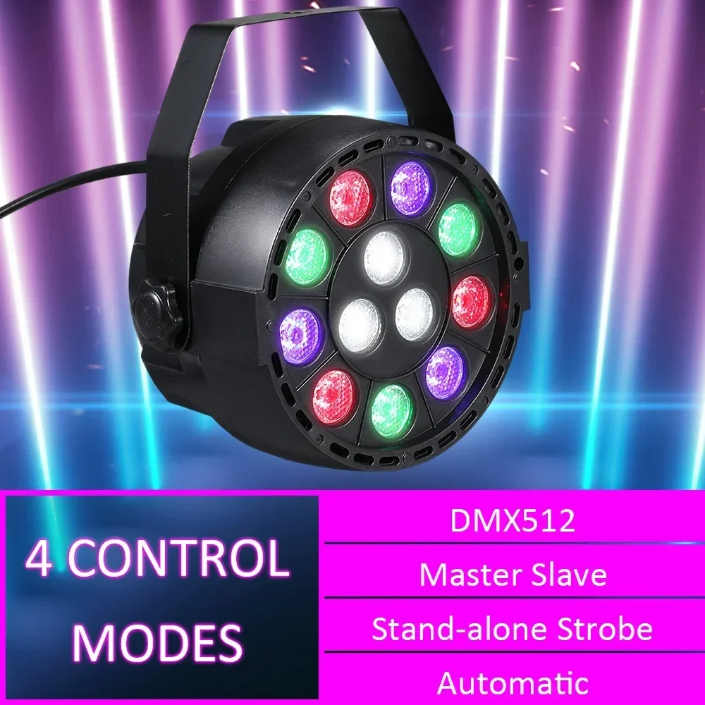 AC90-240V 12 LEDs Par Lights 8 Channel RGBW Color Mixing Stage Lighting with DMX Strobe & Sound Active Mode for Disco Party