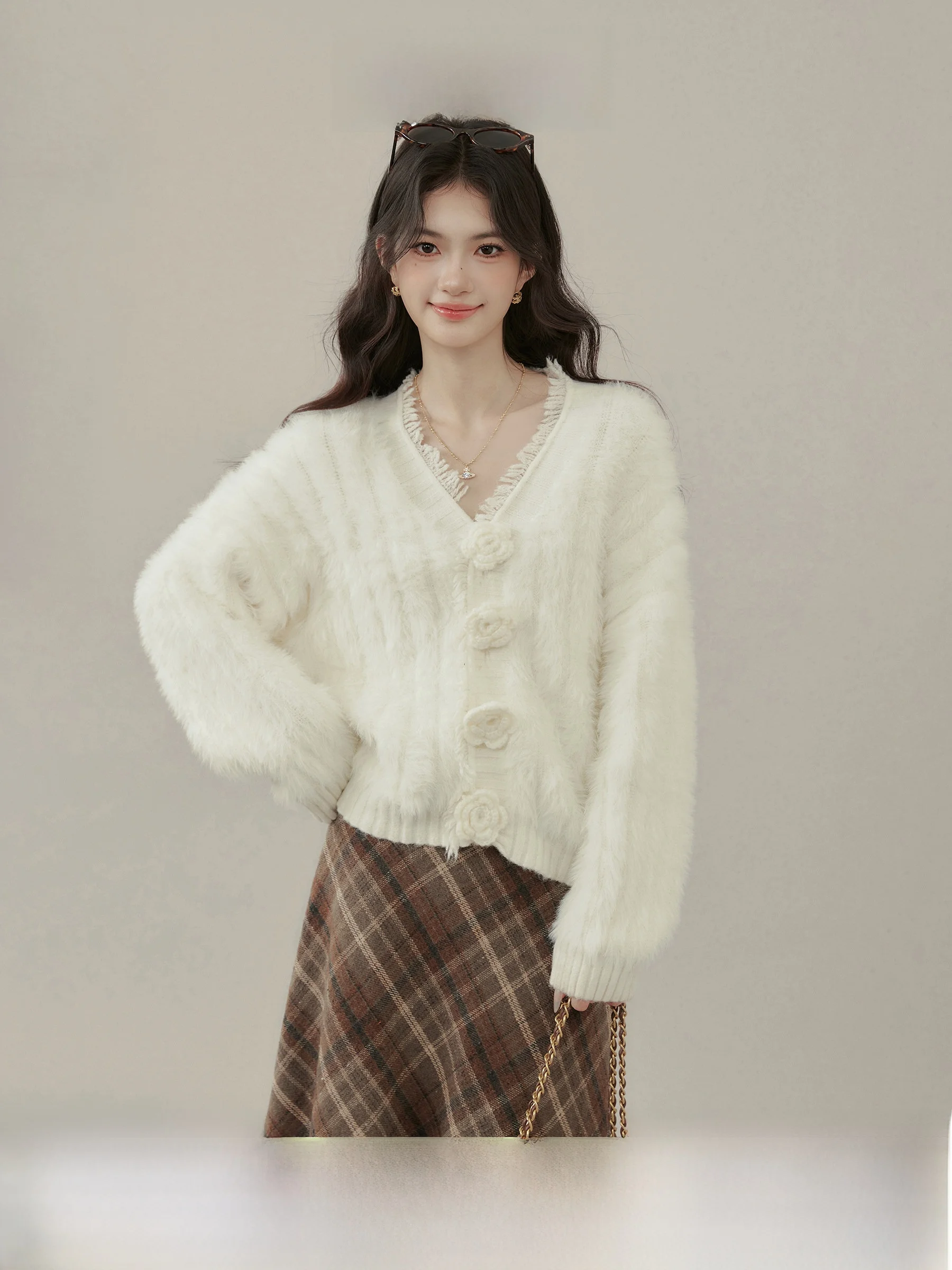 

Ouyang Xi White Jellyfi Furry Open Cardigan Women's Loose V-ne Sweater Autumn Winter Warm Fluffy Long Sve Top