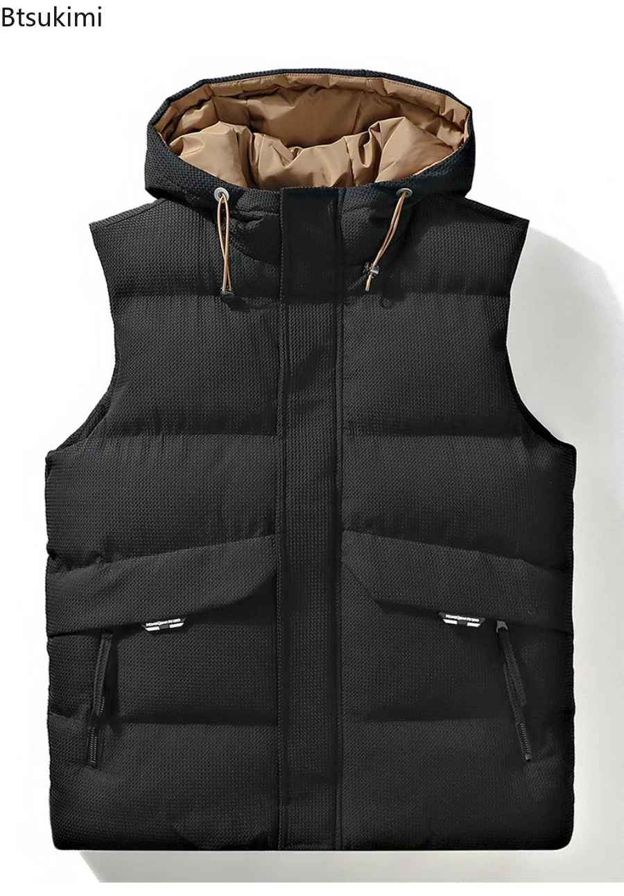 2025 Autumn Winter Men's Thicken Cotton Waistcoat Sleeveless Vests Jackets Warm Comfortable Outerwear Male Zipper Hooded Coats