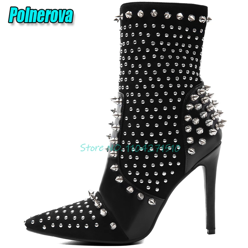 Gothic Rivet Black Leather Patchwork Short Boots for Women Punk Sexy Pointed Toe Side Zipper High Heels Party Nightclub Shoes