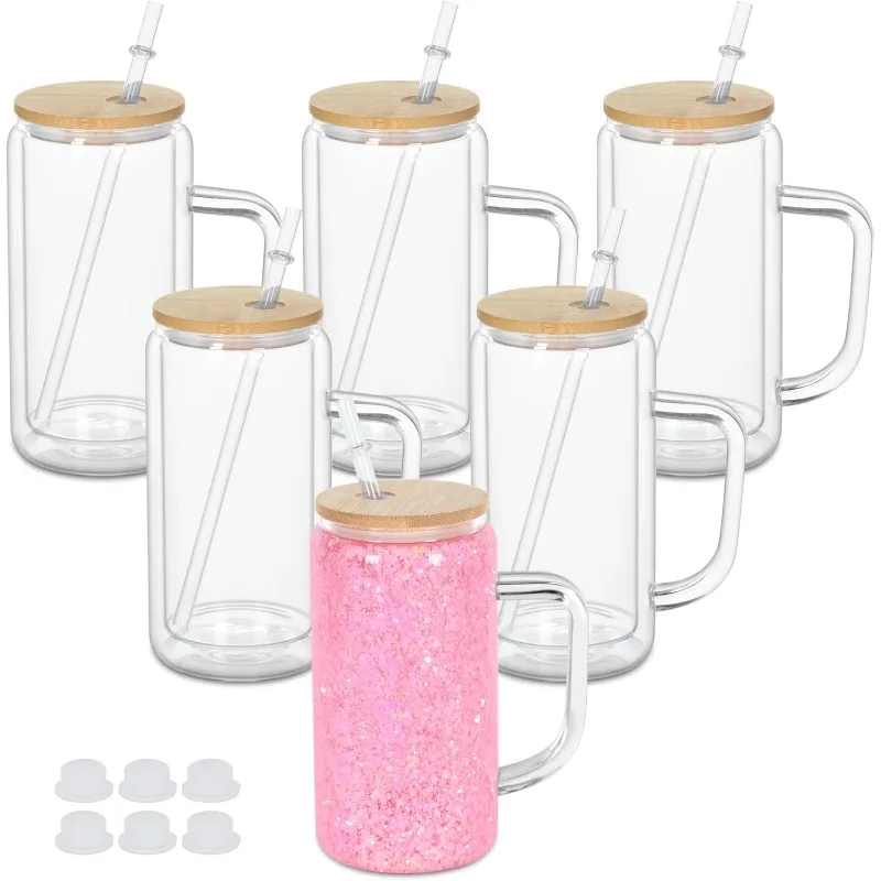 

16 Oz Snow Globe Tumbler With Handle, Pre-Drilled Double Wall Snow Globe Glass Cup For Glitter, 6 Pack