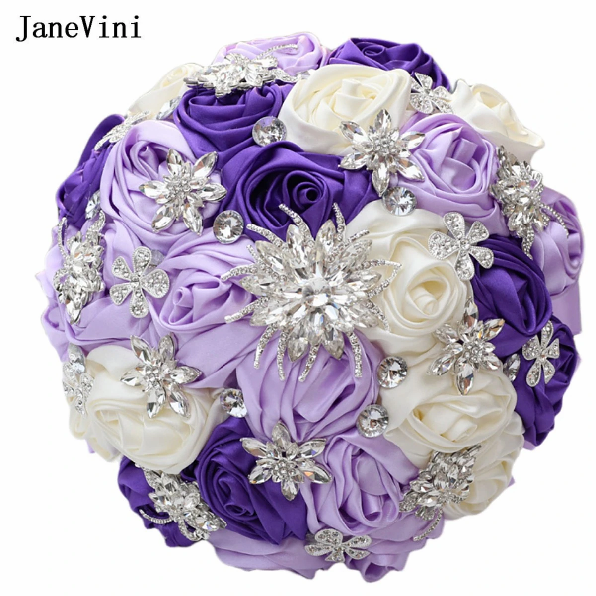 JaneVini 2023 Customized Light Purple Ivory Brooch Bouquet Ribbon Flowers Rhinestone Jewelry Bridal Bouquets Wedding Accessories