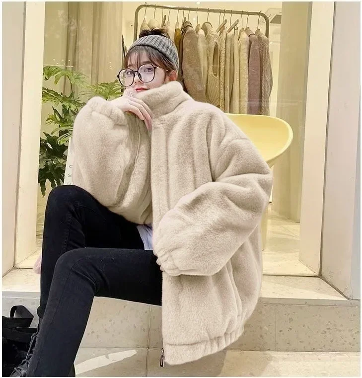 Women Short Thick Faux Fur Jacket Colorblock Autumn Winter Maxi Coat Y2k Warm Luxury Belt Fur Parkas Bontjas Furry Outerwear