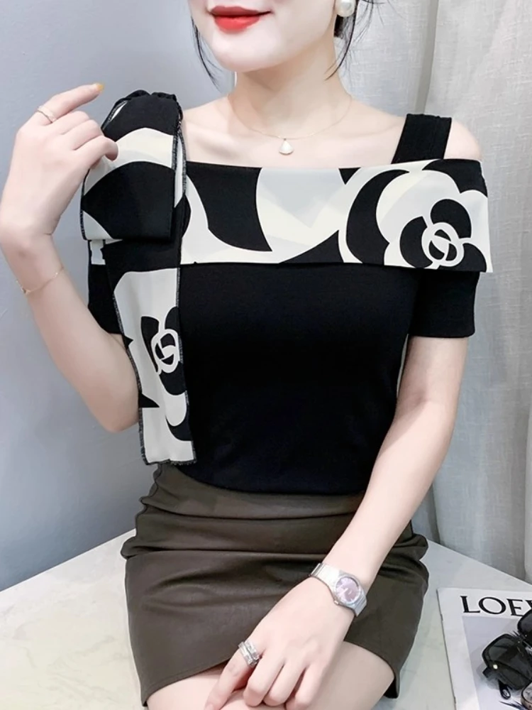

Women's Chic Color Block Bow Designer Summer T-Shirt Sexy Off Shoulder Luxury Tops Trendy Elegant Casual Streetwear Girl Tees