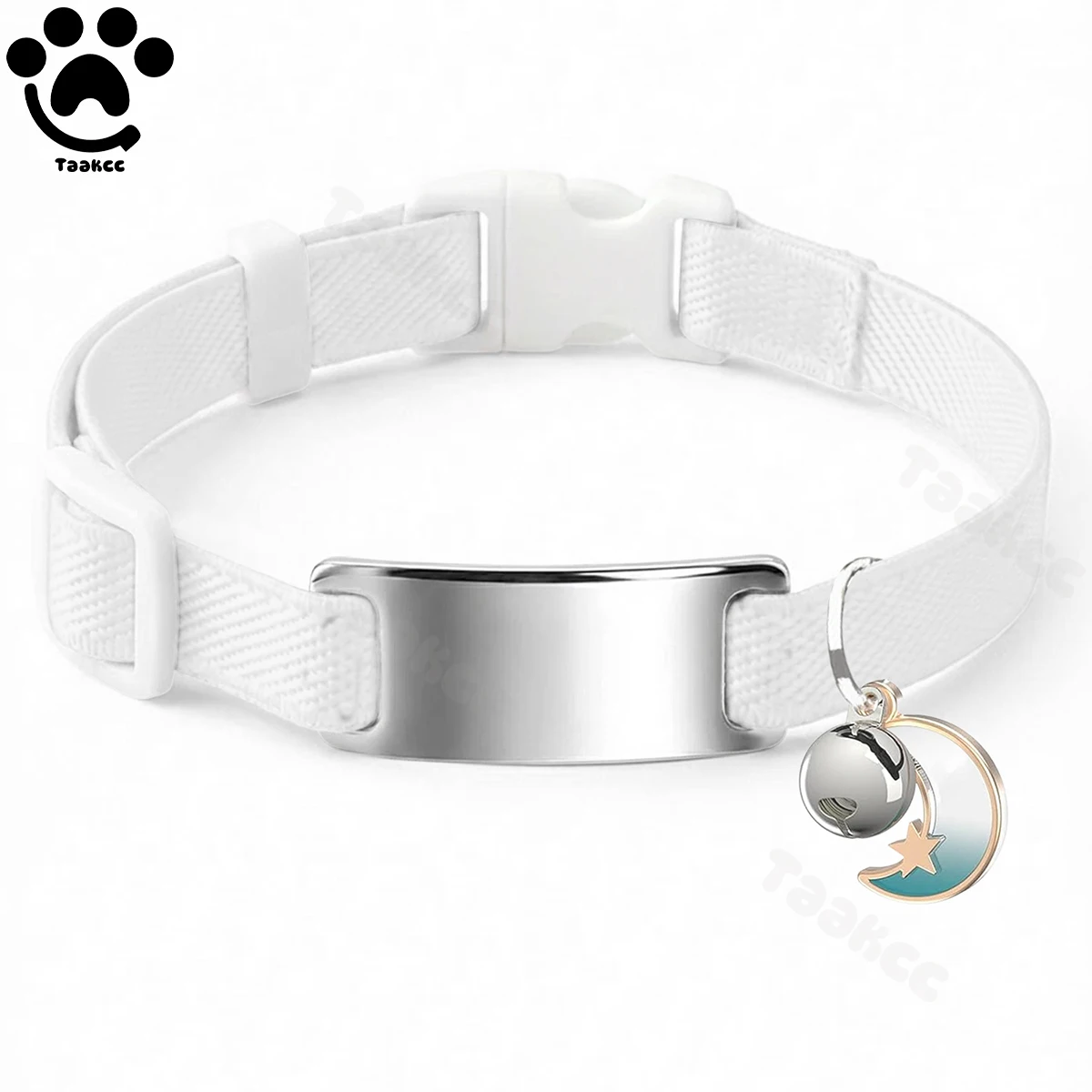 Op maat gemaakte elastische kattenhalsband met gratis gegraveerde puppy/kitten anti-verloren ID-naamplaatje, belletje & maan ornament
