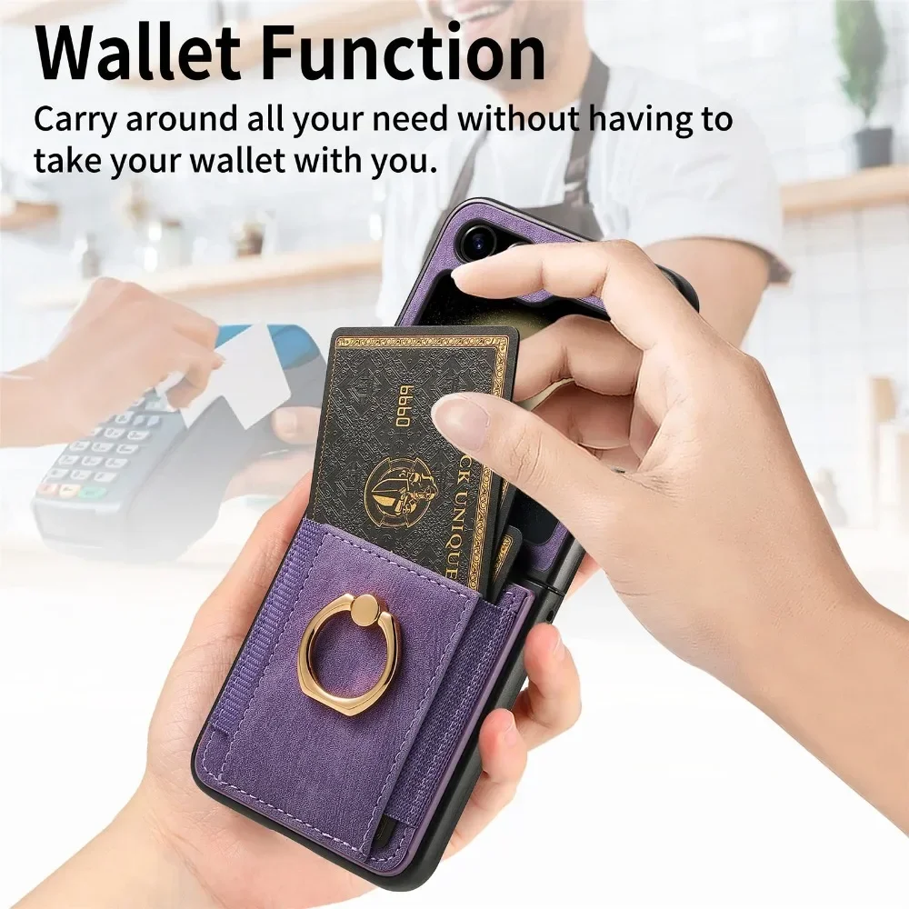 Retro PU Leather Cover for Samsung Z Flip 6 5 4 3 2 Flip6 Flip5 Flip4 Flip3 Flip2 5G Ring Card Slot Holder Wallet Phone Case