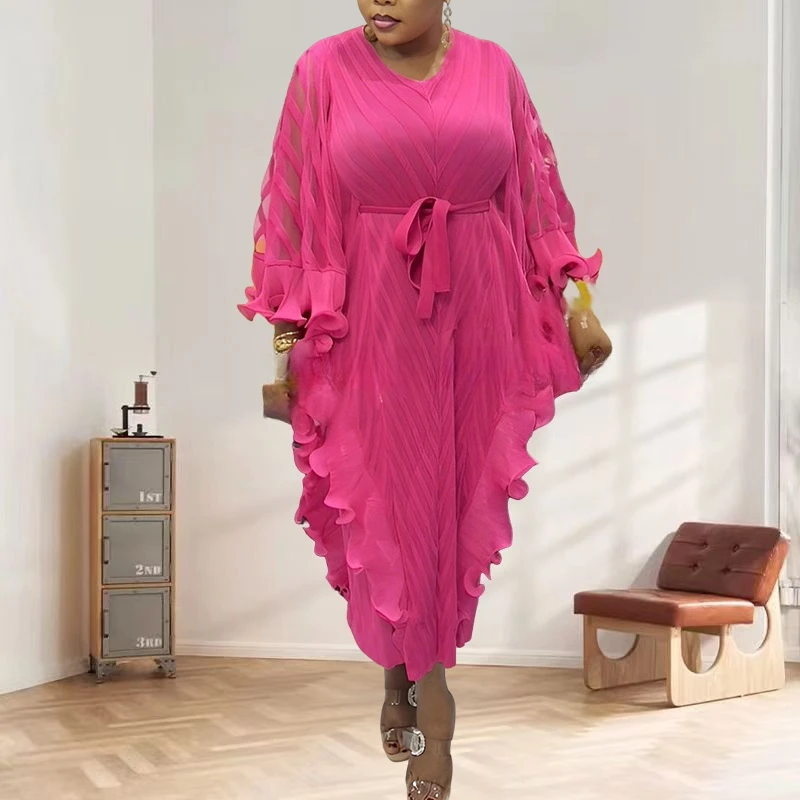 

Miyake Pleated Dress 2025 Summer New Solid Round Neck Wooden Ear Edge Gauze Net Pure Colour Bat Sleeve Dress Women's Clothing