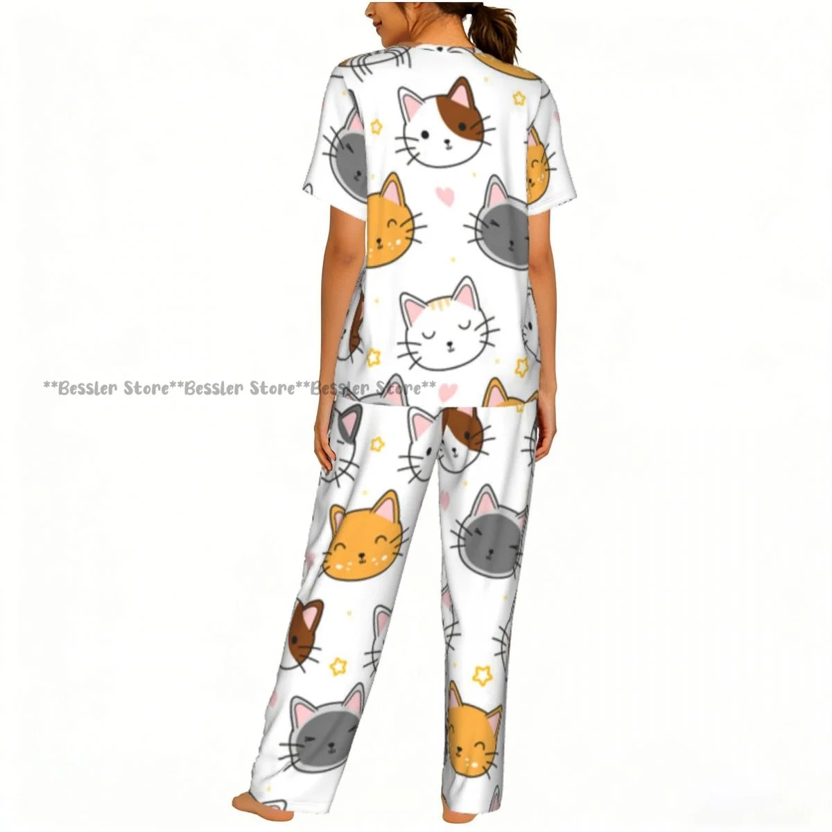 Women's Pajamas Set Cute Cats With Stars And Hearts Short Sleeve Sleepwear 2 Piece Homewear Loungewear 4