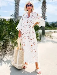 Abito Sexy in pizzo scavato con scollo a v per donna elegante manica a tre quarti abiti solidi vacanza al mare Midi abiti larghi