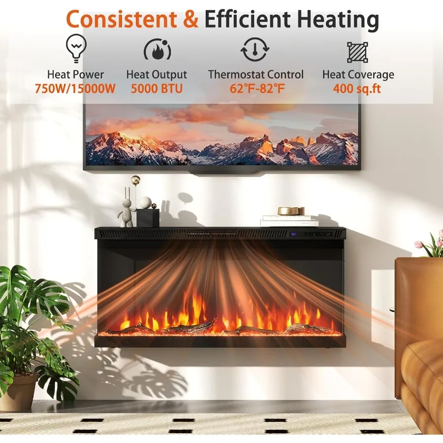 Inserto per caminetto elettrico a 3 lati da 36 pollici con potenza di riscaldamento da 750 W 1200 W Design da incasso per soggiorno o camera da letto 12 Fiamme Co