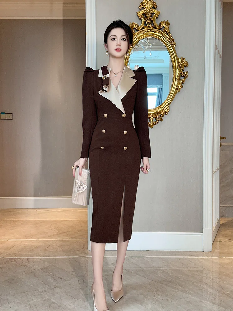 Double-Breasted Business Dress, Autumn and Winter New Suit Skirt, Formal Occasion Work Clothes for Women