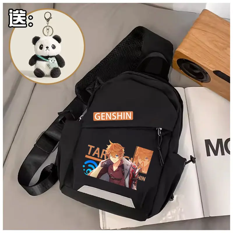 Genshin Impact For Men Women, Walnut Sports Casual Chest Bag, Canvas Single Shoulder Small Backpack, Nylon Fabric Black And A