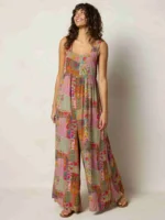 Plus Size Women's Jumpsuit, Wide Strap Square Neck Printed Casual Street Fashion Loose Wide Leg Jumpsuit