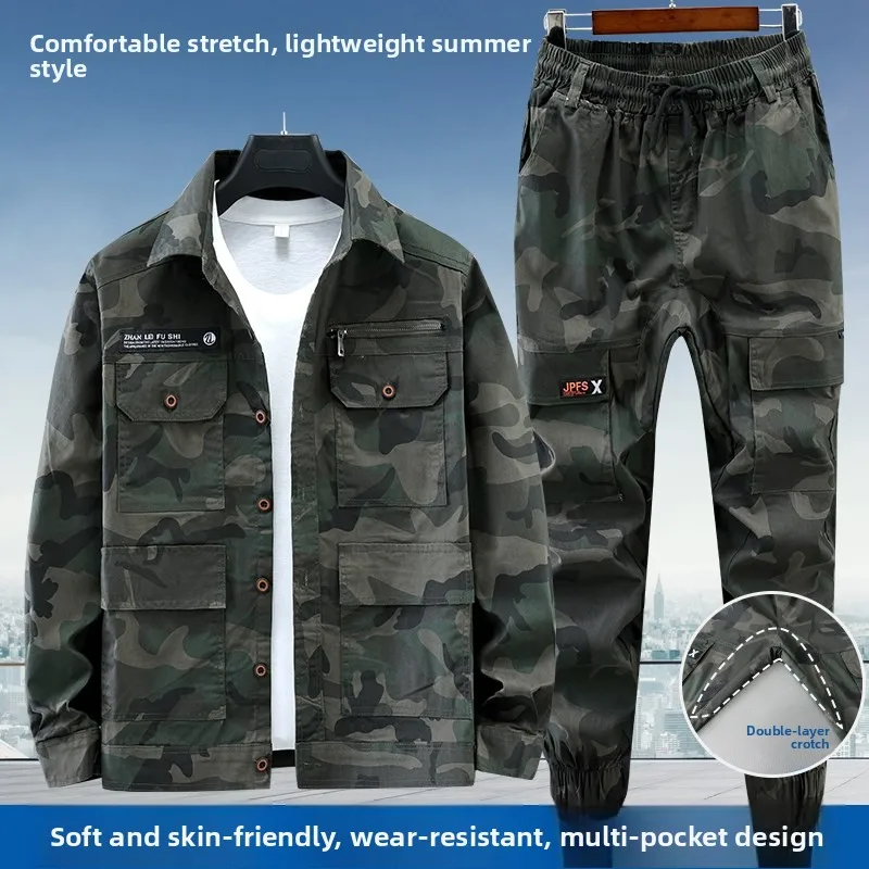 

Легкий летний хлопковый рабочий костюм для мужчин, камуфляжный, с защитой от искр, для сварочных работ, антистатический, для защиты труда...