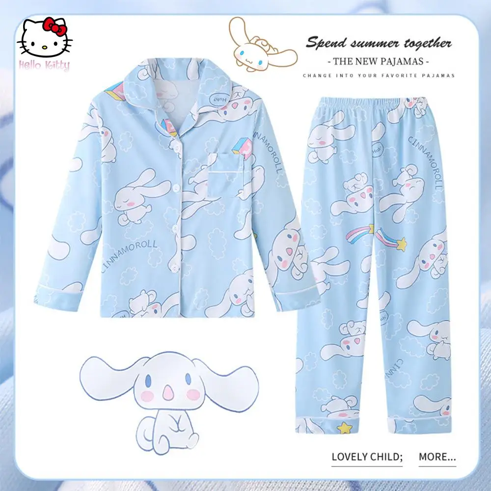 Anime Sanrios Melody Cinnamoroll Kuromi Flip Collar Cardigan Kids Pajamas Spring Long-Sleeved Cartoon Cute Printing Homewear Set