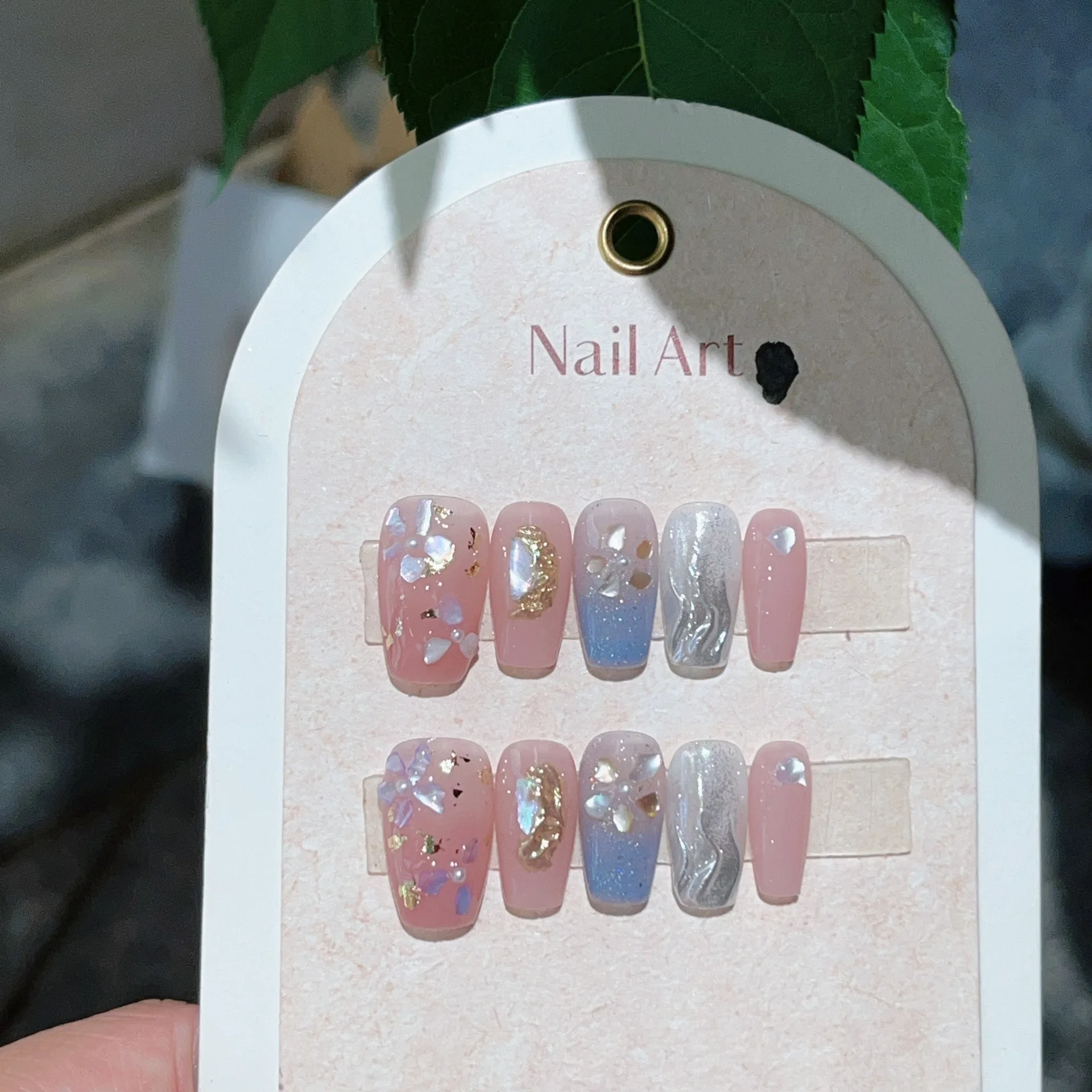 10Pcs Pink Ballerina Short Handmade Press on Nail Lovely Sea Shell Gel unghie finte Dreamy Summer Glitter colla Stick sulle punte delle unghie