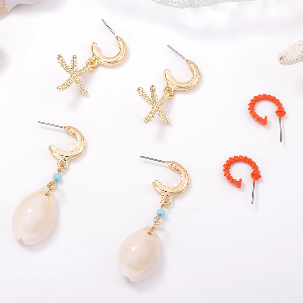 Bohemian Shell Starfish Drop Earrings - Set of 3