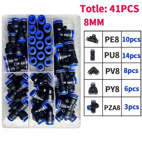 41 PCs Boxed 8mm Air Hose Connector PU 8/PE 8/PZA 8/PY 8/PV 8/PG 8/PK 8 Pneumatic Quick Connectors Kit for 8mm Hose Pipe Tube