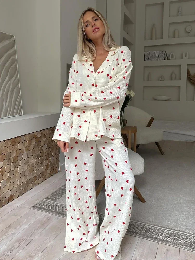 2024 Love Print Cotton Pajamas for Women Single-Breasted Pocket New in Women\'s Sleepwear Lapel Long Sleeve Woman Home Clothing