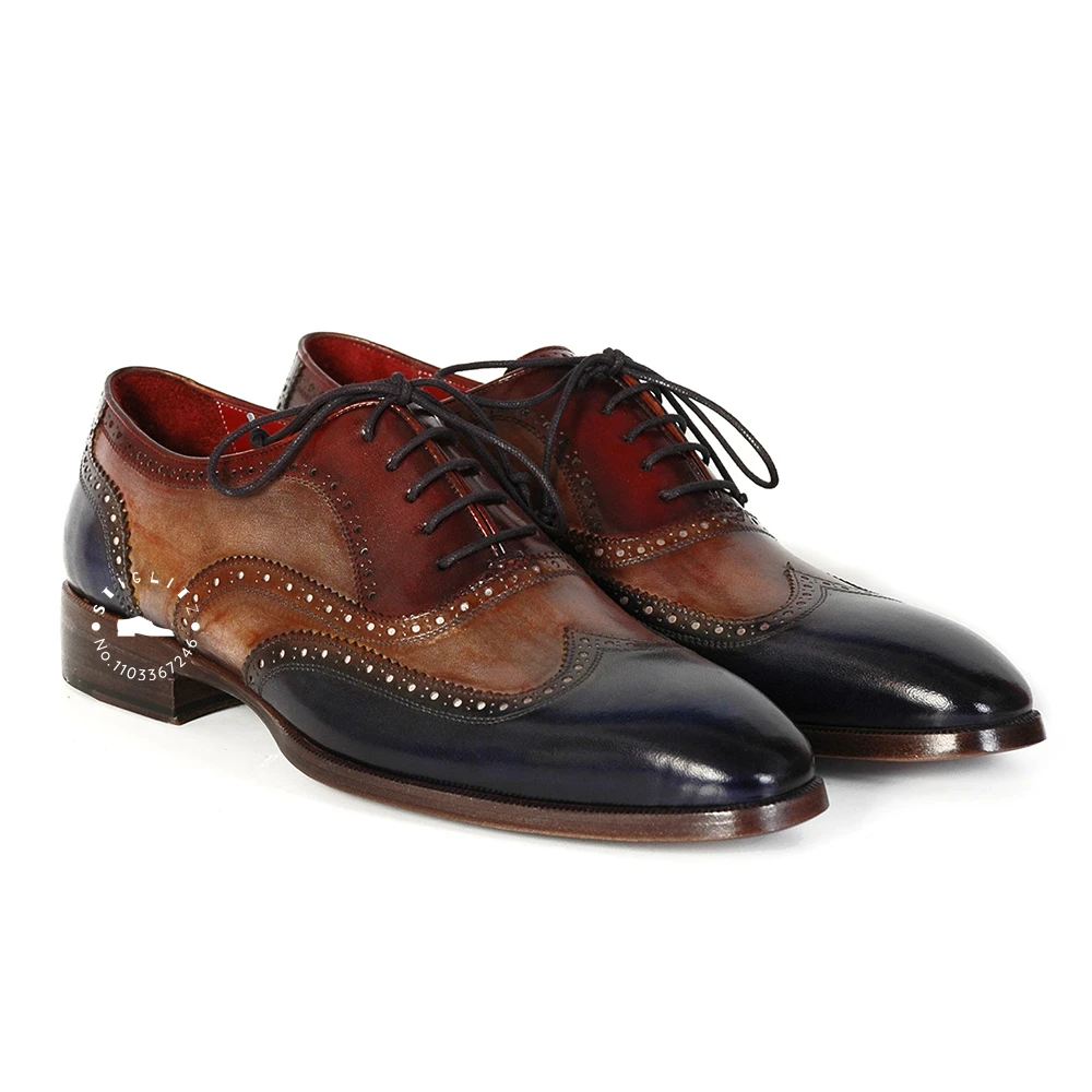 Zapatos Oxford pintados a mano de estilo Retro para hombres, Brogues de punta de alas de tres tonos, zapatos de cuero genuino con cordones, zapatos de negocios casuales elegantes