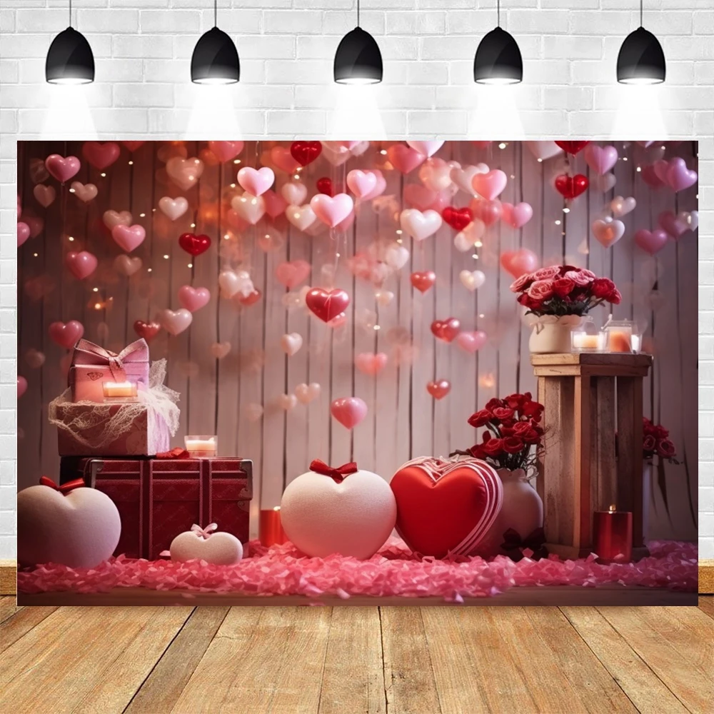 February 14 Valentine\'s Day Backdrop Romantic Valentine Scenes Red Love Heart Floral Wedding Portrait Photography Background