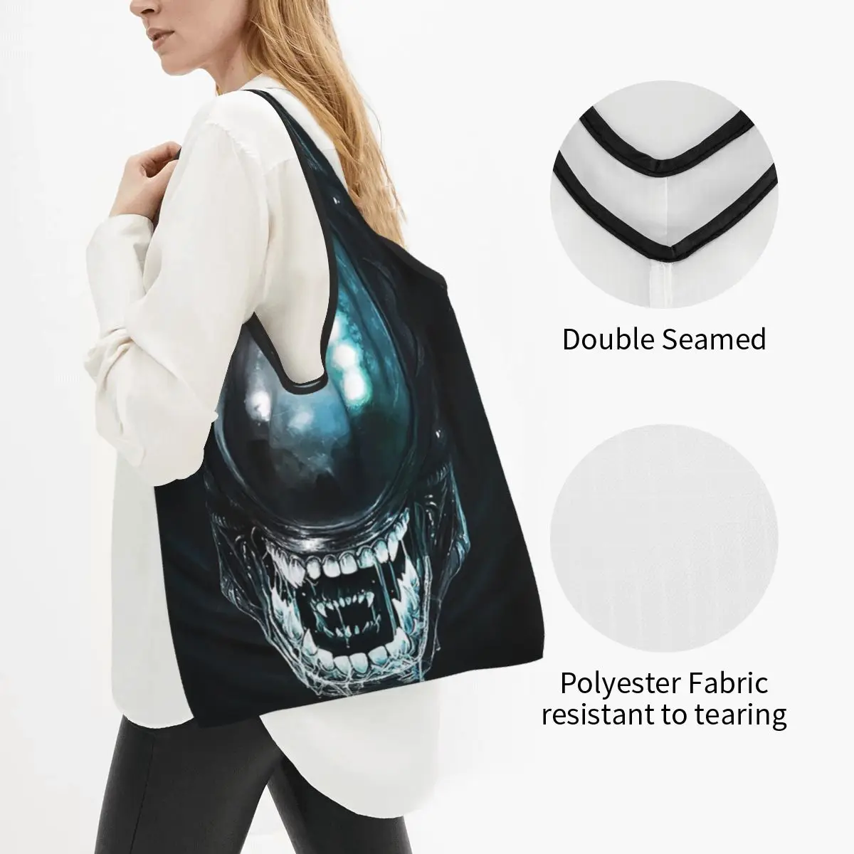 Xenomorph Alien Portable Tote Shopping Bags Large Capacity Shopper Bag Groceries Handbag Shoulder Bag