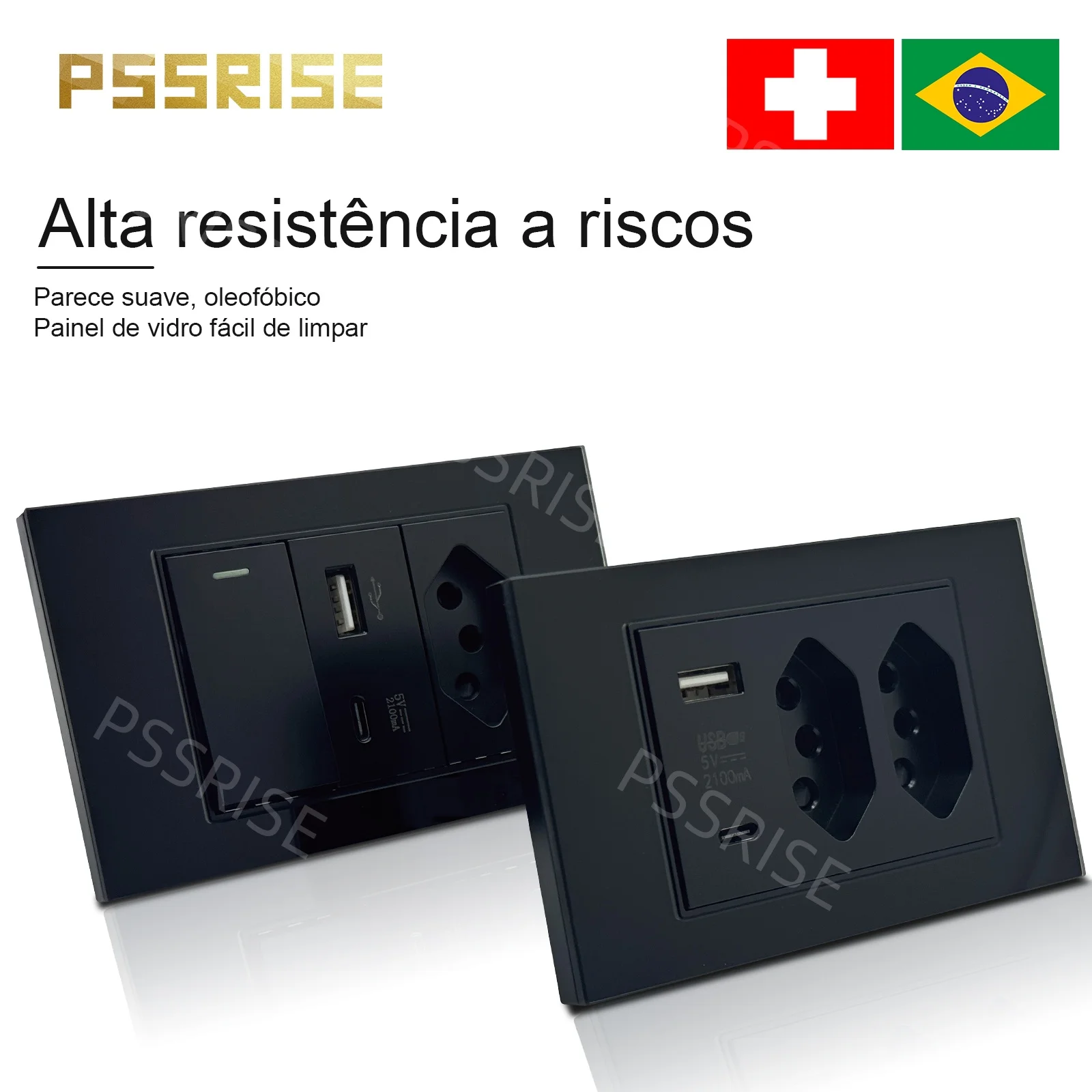 

PSSRISE Black Tempered Glass Brazil Standard Outlet Dual Usb TypeC 20W Wall Socket Light Switch Switzerland 10A 20A tomada vidro