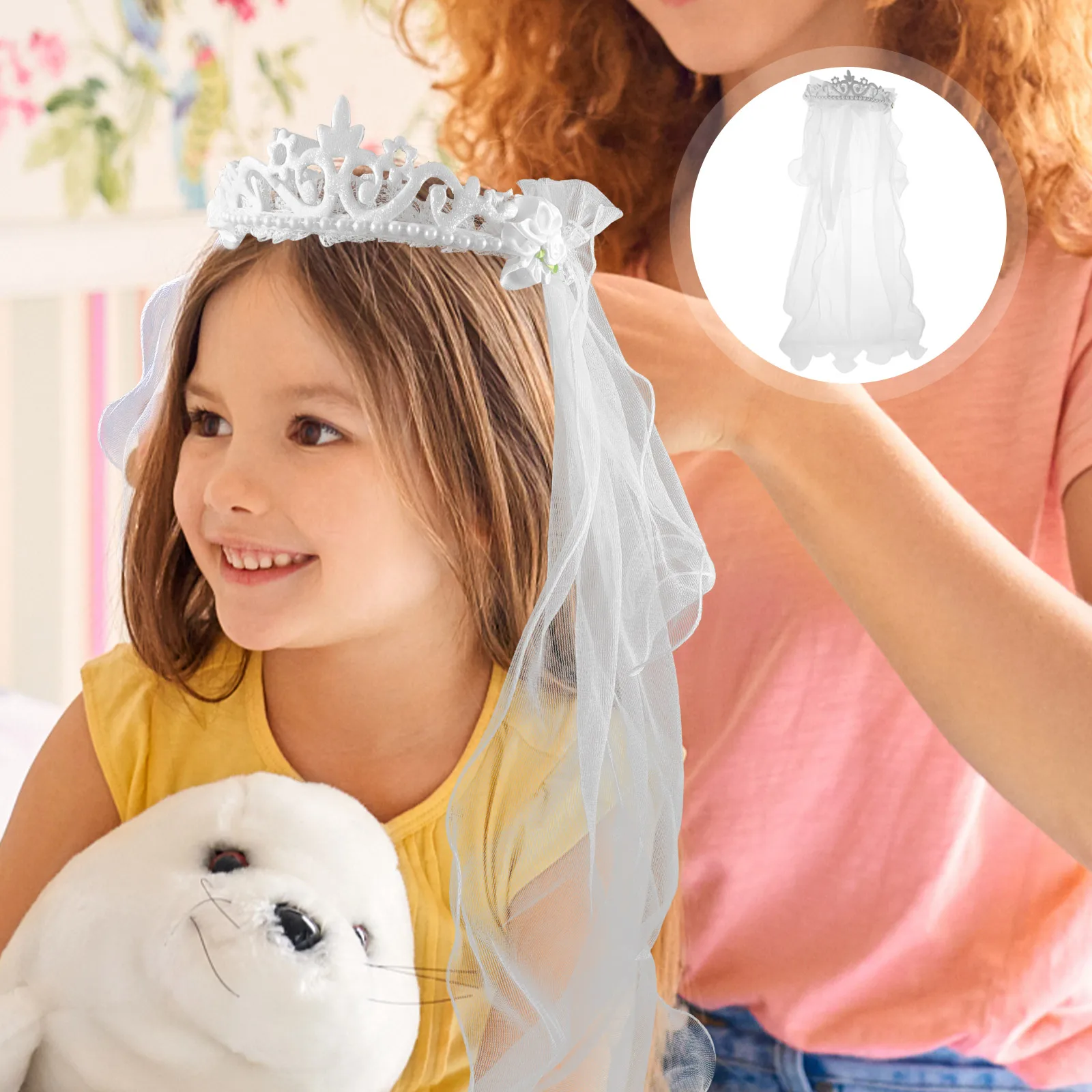 

White Wedding Crown Hair Wreath Lace Veil Bride Headdress Bridal Accessories Floral Garland Tiara Women Elegant Headpiece