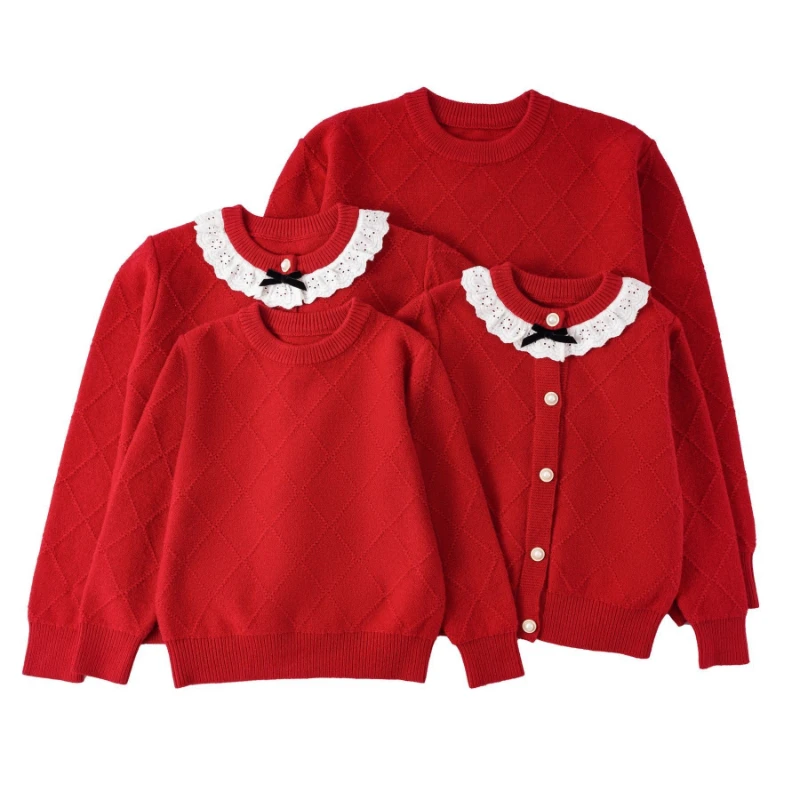 

Red Family Matching Knit Sweater Men's Round Neck Cardigan, Cozy Soft Casual Winter Winter Wear Collection for All Ages
