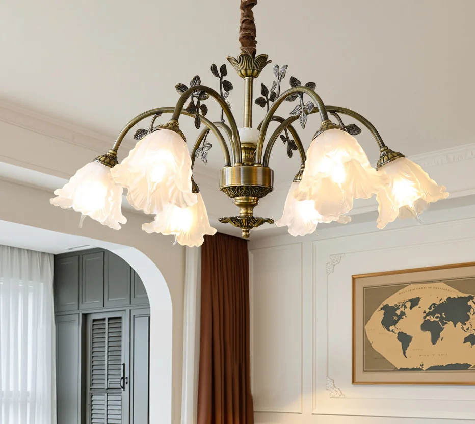 Modern French Deco Copper Chandelier American Retro Living Room Bedroom Rose Flower Romantic Pastoral Dining Room Hanging Lights